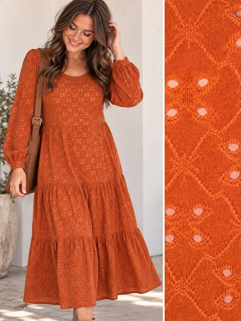 Les Amis Rust Orange Fall Eyelet Tiered Midi Dress Long Bishop Sleeves M
